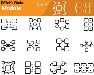 A structured icon representing modular components—often shown as interlocking blocks, puzzle pieces, or grid layouts. Symbolizes flexibility, customization, scalable systems, and organized structure.