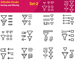 The sorting-and-filtering icon set represents tools for organizing data. Icons include ascending/descending arrows, funnels, lists, and checkboxes—indicating order, selection, or categorization.