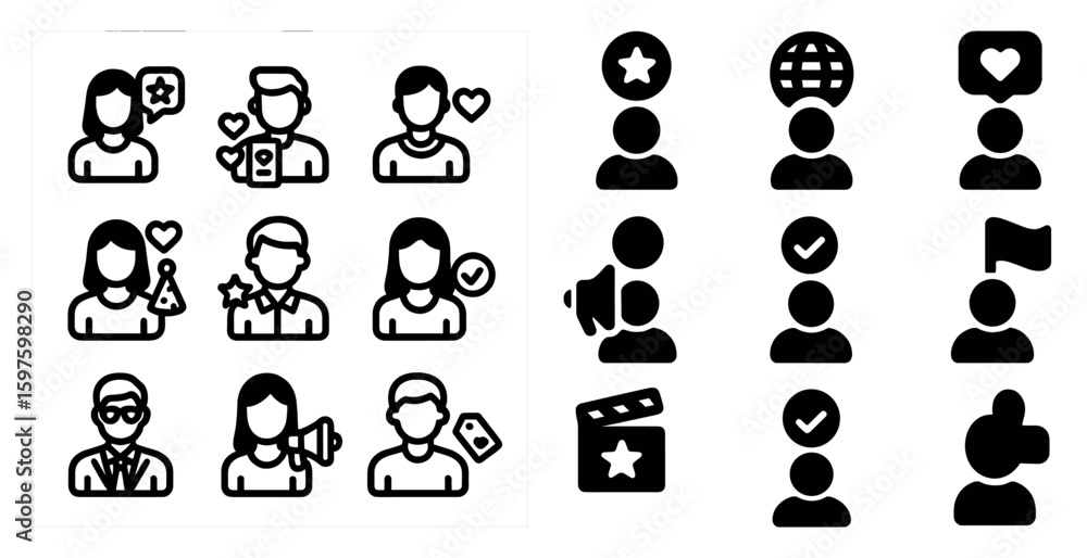 Poster communication and networking icons set - solid, outline for social media and interaction
