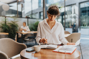 Focused woman in a modern cafe setting, reviewing papers, planning strategies, and demonstrating...