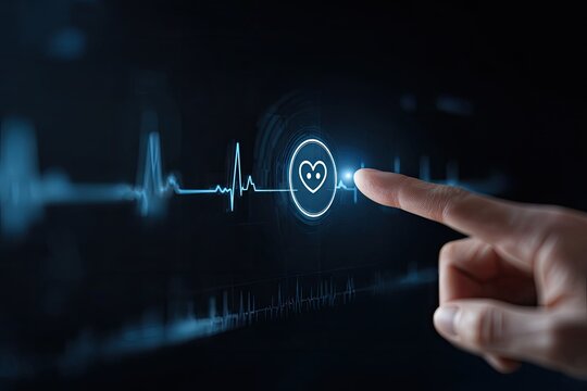 Hand touching a heart icon on a digital health interface - Powered by Adobe