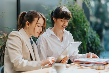 Two women sit at a table, focusing on documents and a tablet, surrounded by natural light and...