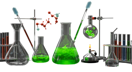 Laboratory glassware with colorful liquids and molecular model set against a black background representing scientific research and experimentation