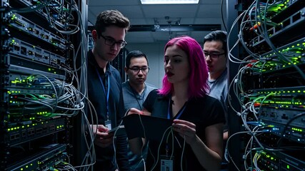 IT Team Inspecting Server Racks: Data Center Maintenance and Network Infrastructure. - Powered by Adobe