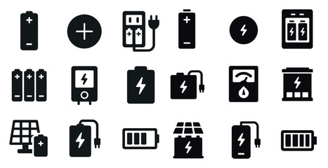 Battery and solar energy icons set &ndash; solid, filled, power and charging symbols