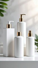 White cosmetic bottles with gold caps. Skincare product mockups