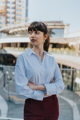 A young female entrepreneur stands confidently, dressed in a white blouse and burgundy pants, set...