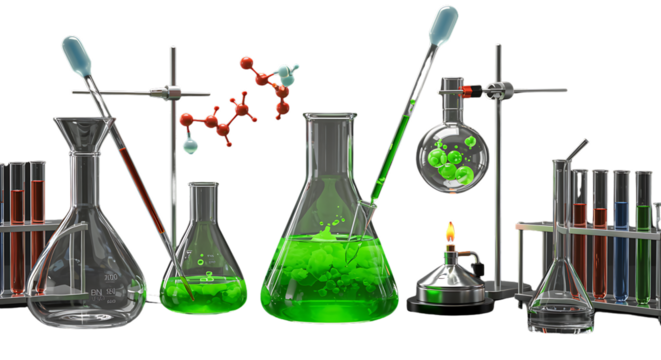Laboratory glassware with colorful liquids and molecular model set against a black background representing scientific research and experimentation