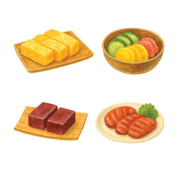  Watercolor Japanese Food Set Vol. 12&mdash;Tamagoyaki, Tsukemono, Yokan, Gyutan. Watercolor Illustration. Design Element. Clip art. Suitable for artwork design.