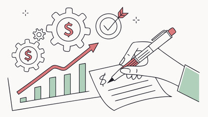 A hand sketching financial plans with graphs and gears, symbolizing business growth and investment strategies.