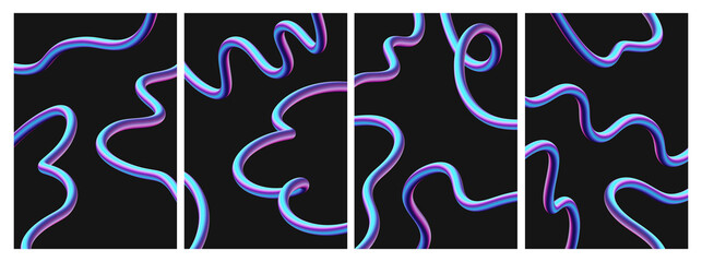 Colorful Abstract Squiggle Line Art Set. Iridescent 3D Neon Scribbles on Black Background. Modern Digital Background Pack.