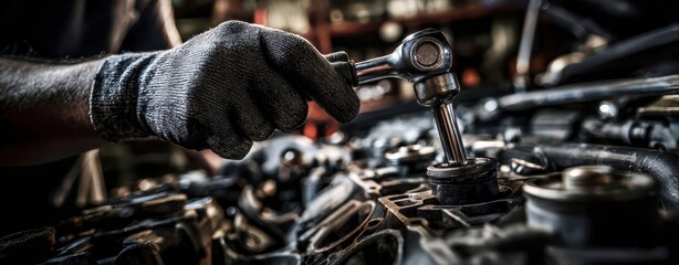 The mechanic using a ratchet tool in an automotive repair workshop.