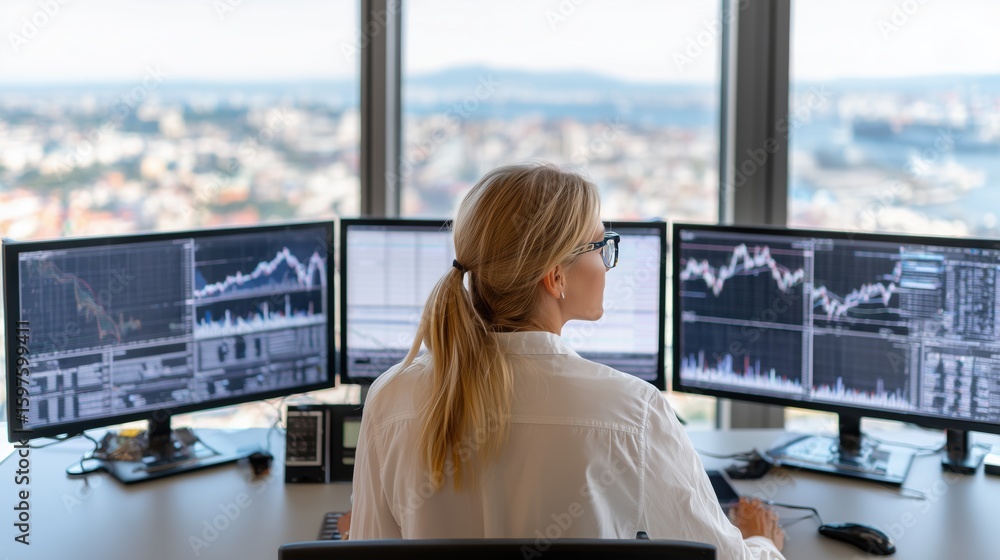 Poster female stock analyst examining financial data with graphs on multiple monitors