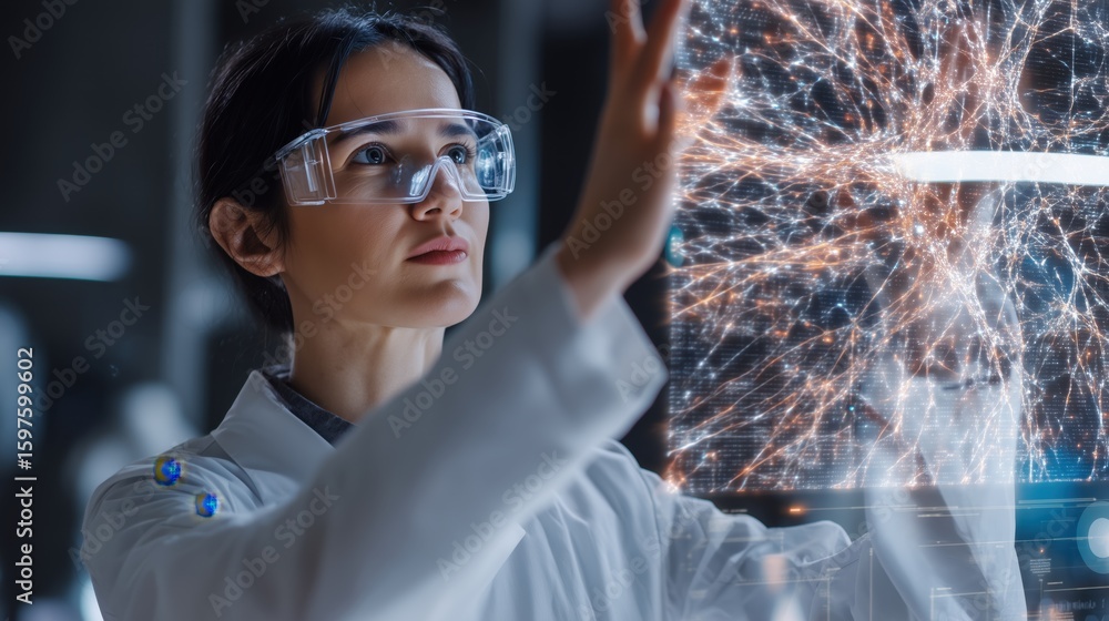 Poster female scientist examining holographic neural interface in futuristic lab