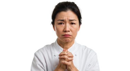 Sad female chef in uniform with hands clasped together png isolated on transparent background