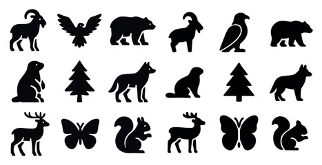 Fototapeta premium Forest animal silhouette icons set – wildlife, solid, woodland symbols