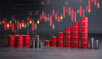 Red oil barrels arranged in a rising chart pattern against a dark background of financial data