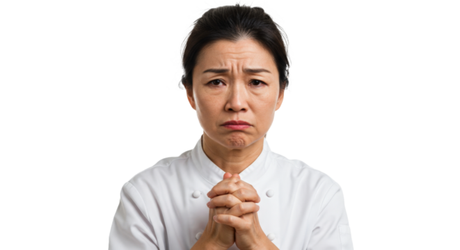Sad female chef in uniform with hands clasped together png isolated on transparent background
