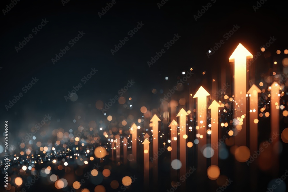 Poster arrows progressing upward in financial growth with bokeh particles background