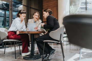 Three professionals exchanging ideas during a casual business meeting indoors.