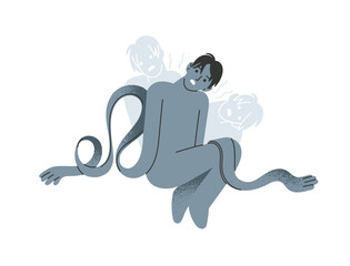 Concept of derealization or dissociation. Exhausted person suffers from apathy, depression. Man with mental disorder, problems with psychological health. Flat isolated vector illustration on white