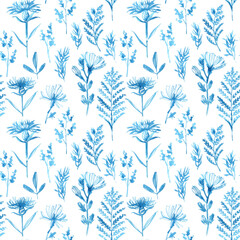 Seamless watercolor floral pattern in blue tones. Hand drawn line illustrations of wild herbs, flowers, and leaves with a watercolor effect.