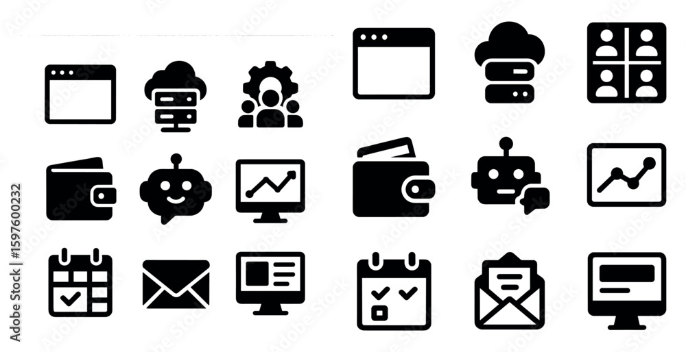 Poster technology and communication solid icons set – filled, digital, tech symbols