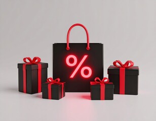 Shiny red percent sign glows on a black shopping bag, neatly arranged with several dark gift boxes tied with red bows.