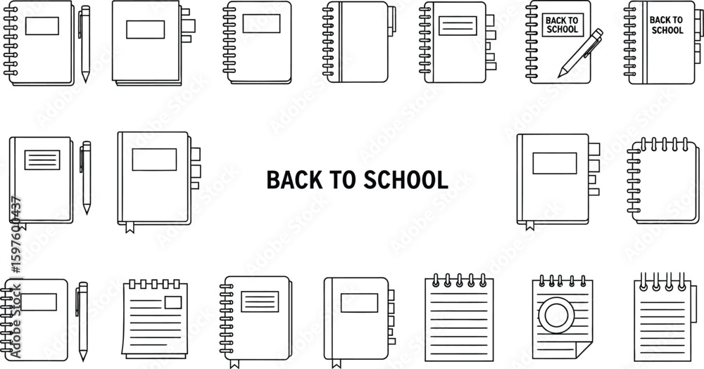 Aufkleber vector art of a collection of back to school line icons featuring various notebooks, spiral notebook