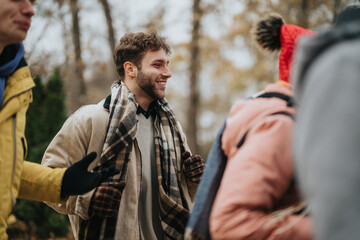 Friends spending quality time outdoors in a park, wearing warm clothes, surrounded by autumn...