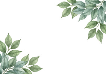 Delicate watercolor painting of lush green leaves in opposite corners creating a natural border on a white background