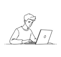Focused Young Man on Laptop: A simple line art illustration depicts a young man concentrating on his laptop, showcasing his focused expression and hands typing.