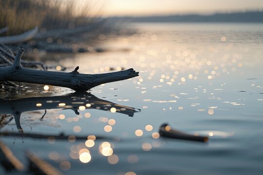 Ethereal Shoreline Scenery with Gentle Bokeh Reflections and Driftwood Along Still Waters - Powered by Adobe