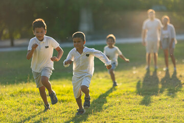 Obraz premium Happy children running on grass in a sunny summer day