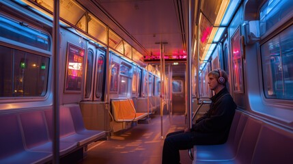 Young commuter wearing headphones sitting inside a neon-lit empty subway car