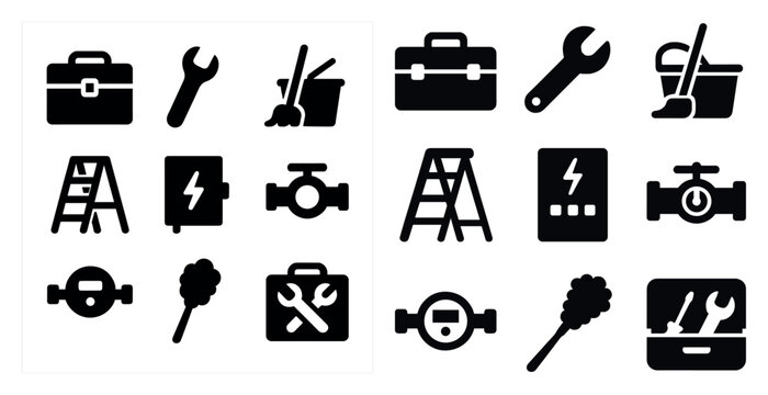 Home maintenance filled icons set – outline, solid, diy repair toolkit symbols