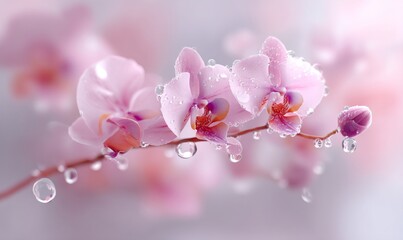 Elegant petals and buds of delicate pink orchids are displayed on a branch, forming a serene and floral scene against a softly focused bokeh backdrop