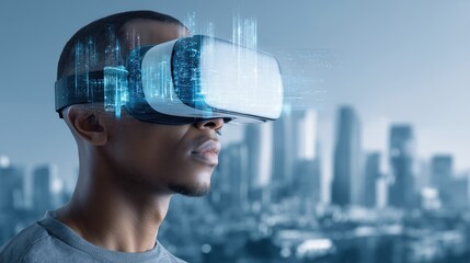 Man exploring a virtual city through advanced VR headset technology