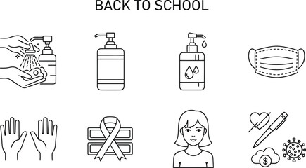 Vector art of a collection of outline icons illustrating health and safety measures for back to school, including hand washing, sanitizer, and masks