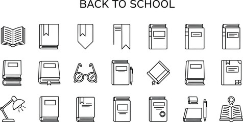 Vector art of a set of outline icons depicting books, reading glasses, and a desk lamp, representing the concept of back to school
