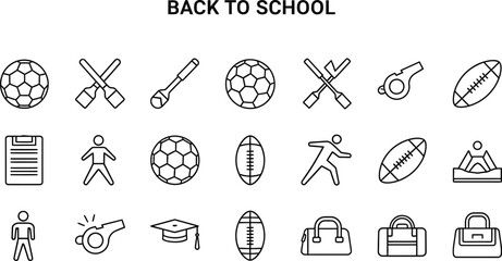 Fototapeta premium Vector art of back to school icons featuring sports equipment, including football, soccer, baseball, whistle, graduation cap, and bag