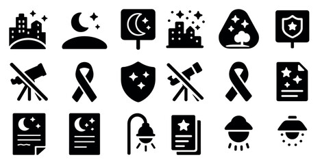 Astronomy and nightlife solid icons set – filled, silhouette, cosmic elements