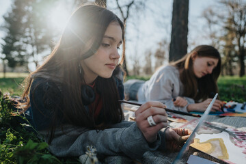Two teenage girls crafting artistic creations in a natural setting, enjoying sunlight and creative...