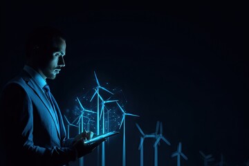 Businessman interacts with digital wind turbines