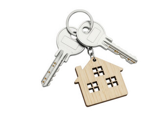 Silver keys wooden house keychain real estate concept isolated on transparent background