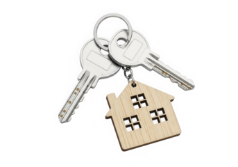 Silver keys wooden house keychain real estate concept isolated on transparent background