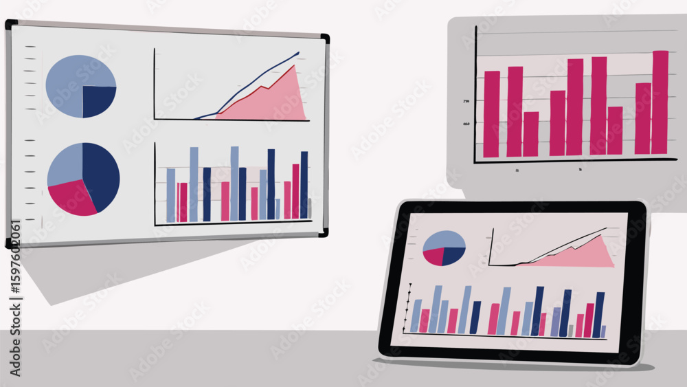 Poster presentation of business data on white board tablet and bar graph with pie charts displayed here