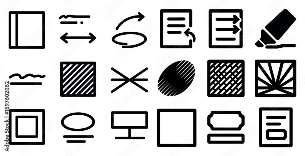 Poster text editing and formatting icons set – solid, linear, document editing tools