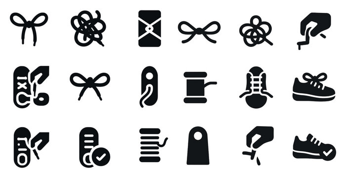 Knot and lacing silhouette icons set – solid, shoe, tying and fastening symbols