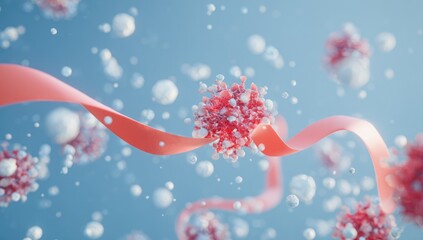 3D rendering of pink ribbon, viral particles, and white spheres